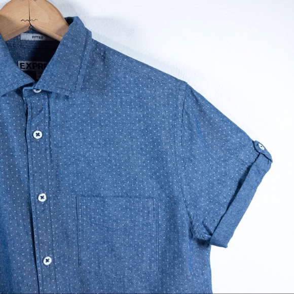 EXPRESS | denim polka dot sleeve button shirt - Picture 4 of 6